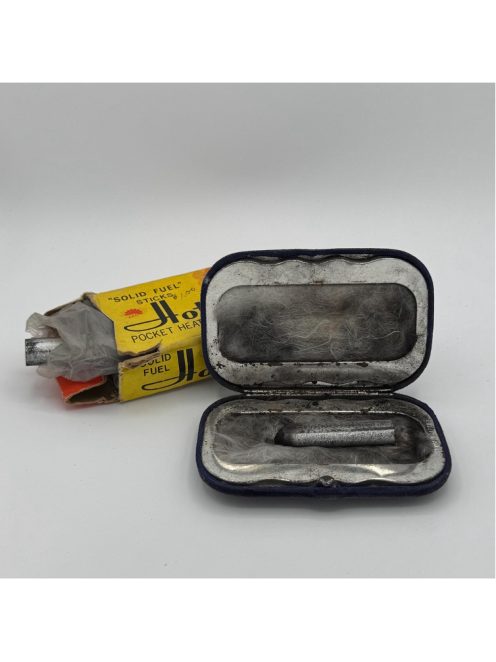 Vintage Japanese Pocket Hand Warmer with Blue Velvet Case & Original Fuel Box |